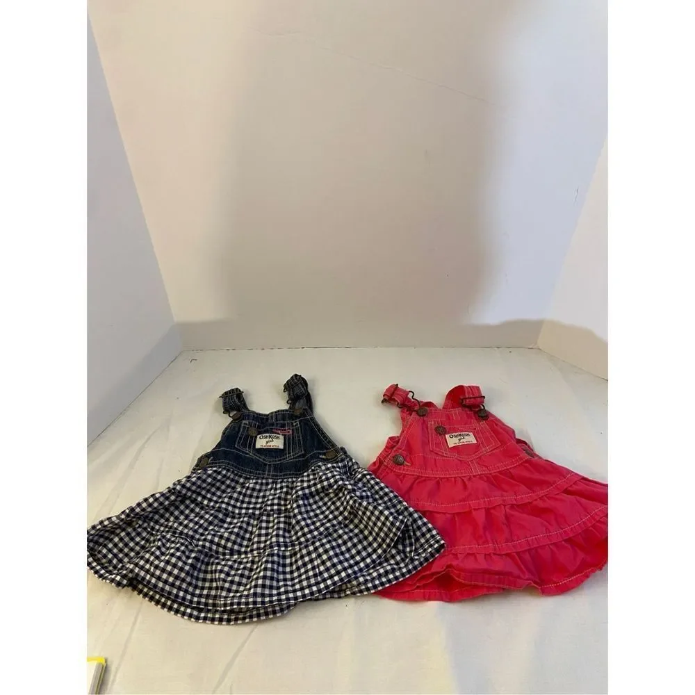 2 Oshkosh girl 6m Ruffle overall dress lot pink navy white‎